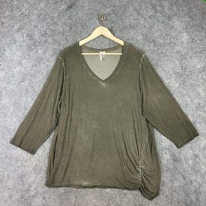 Cable Gauge Top 1X Womens Olive Green Distressed Relaxed Ruched 3/4 Sleeve Knit